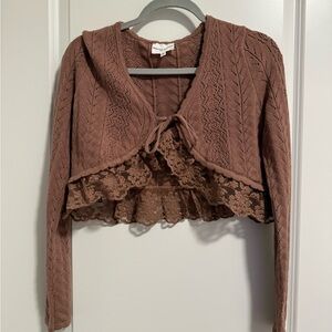 Brown Lace-Trim Knit Shrug M